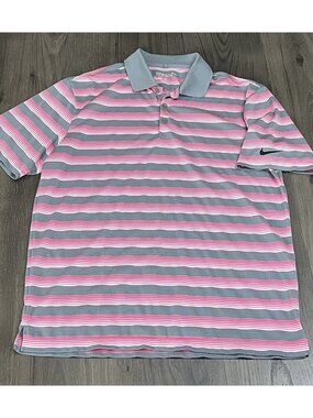 Nike Golf Polo Shirt Mens Medium Pink Stripe Dri-FIT Tour Performance Golf Top
